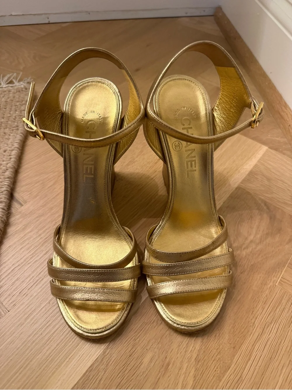 Chanel Metallic Gold Wedge Pearl Sandal 37